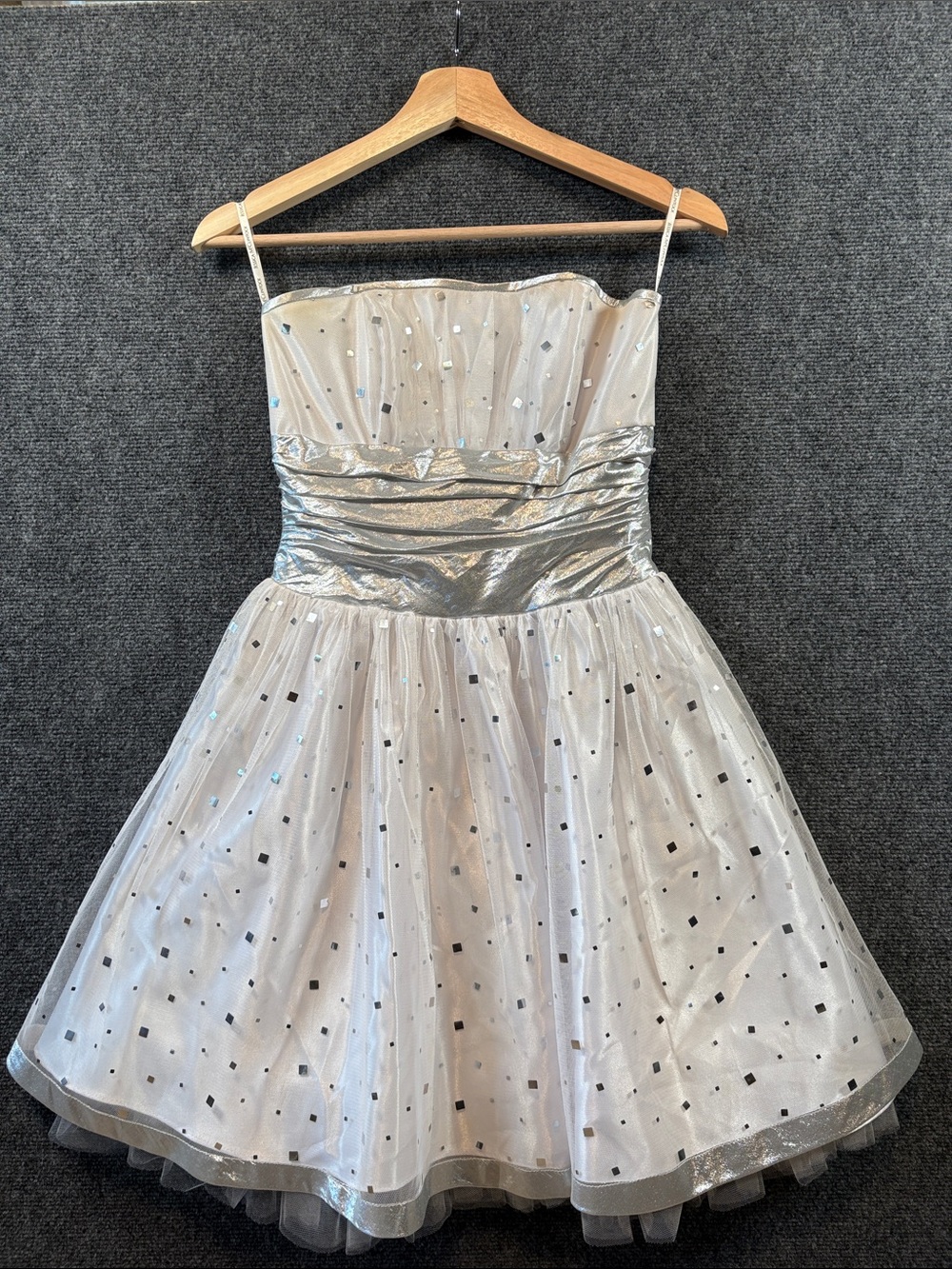 Jessica McClintock Silver Sparkle Strapless Tulle Dress